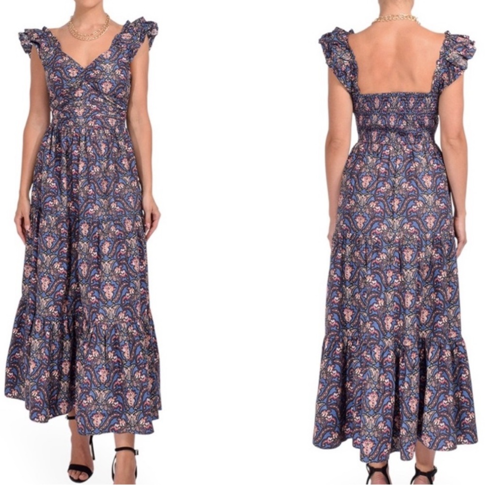 Caroline Constas Navy Pansy Print Smocked Sleeveless Maxi Dress Size XS NWOT - Picture 10 of 10